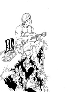 Edge relaxes with his  guitar.